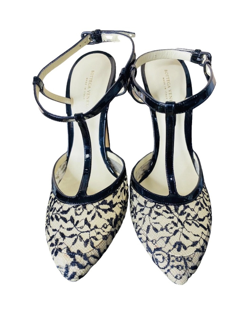 🛍️ Bottega Veneta Authentic Black & Beige Lace “Perfect T” Strap Heels